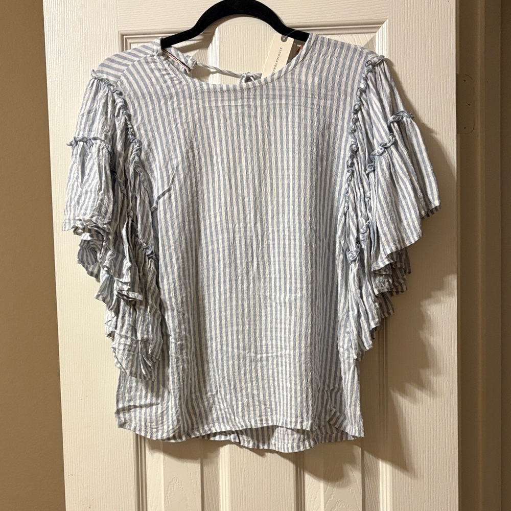 Anthropologie Blue and White Striped Blouse with Ruffle Sleeves